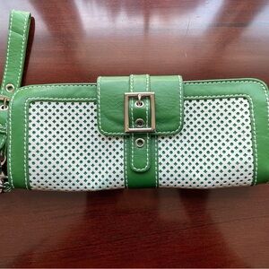 Isabella Fiore Green and White Perforated Wristlet Clutch with Buckle